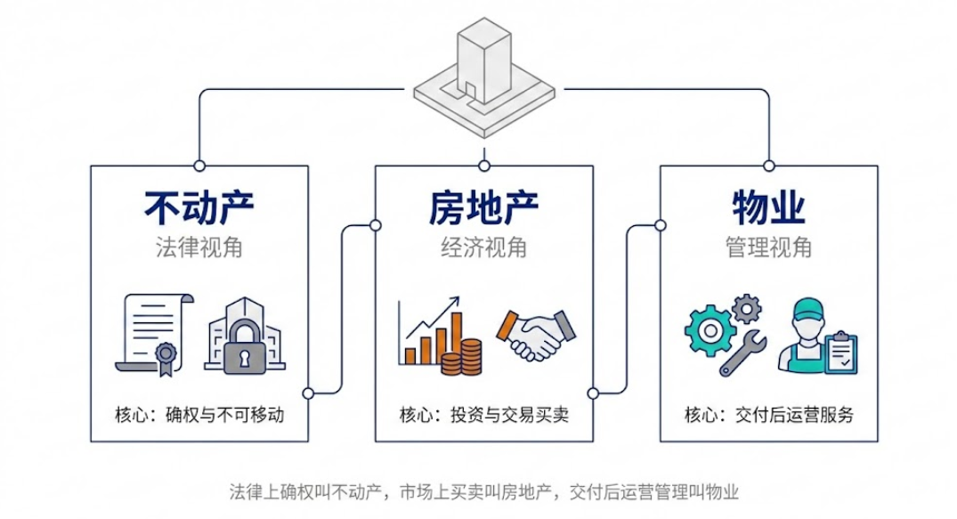 不动产、房地产与物业:同一栋楼三种视角
