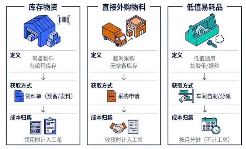 库存件、直接外购与低值易耗的不同走法