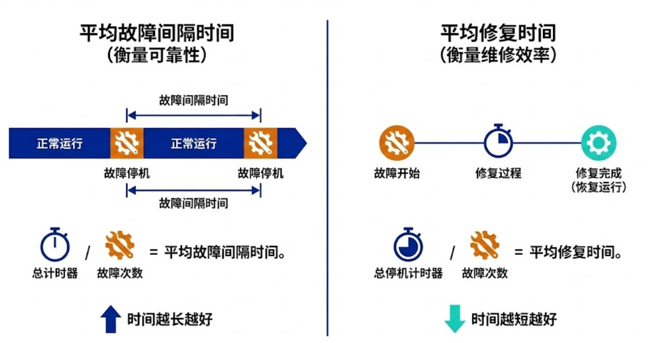 MTBF 衡量可靠性,MTTR 衡量可维修性