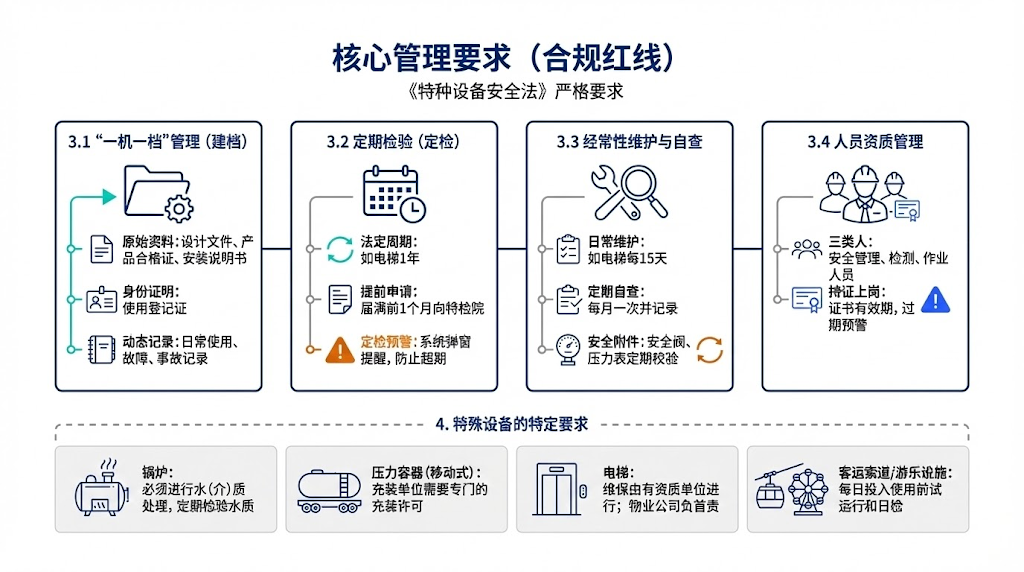 一机一档、定期检验、自行维护与人员持证