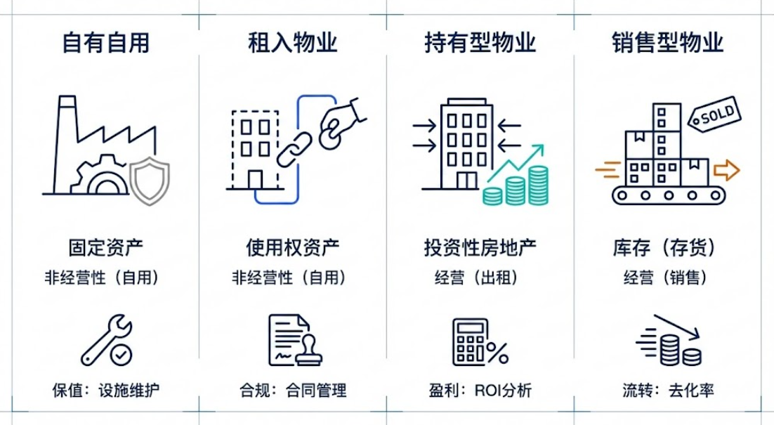 自用、租入、持有出租与待售决定科目