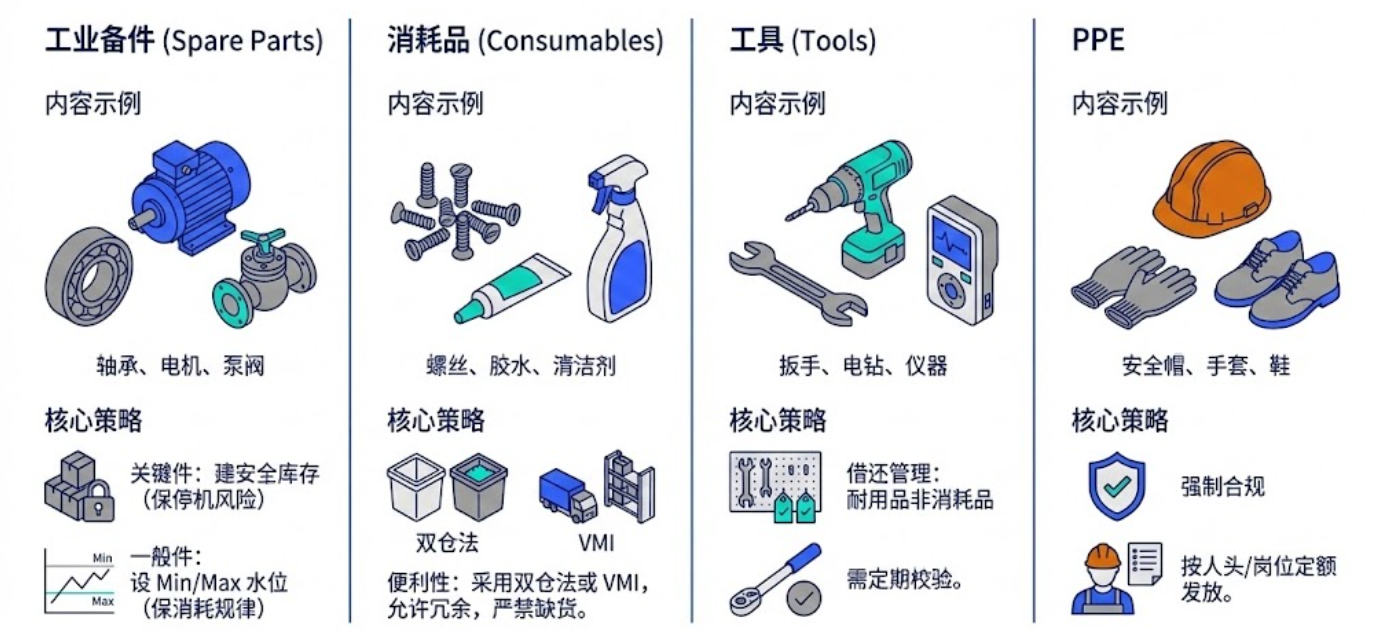 工业备件、消耗品、工具与劳保的不同管法