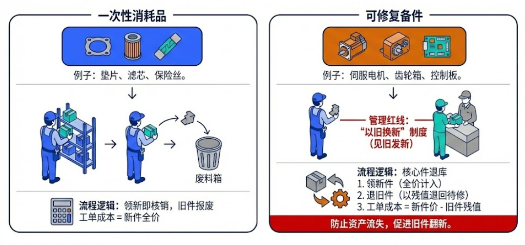 一次性消耗品核销,可修复件走核心件退库